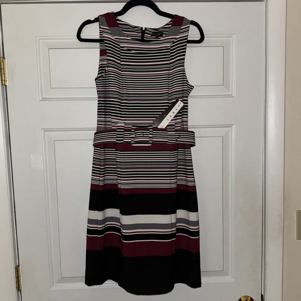 Peach Velvet Striped Dress Size 6P Black Wine Belted Sleeveless